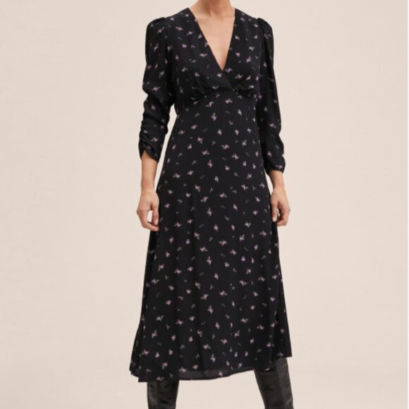 Mango Black Floral Print Long Dress, 3/4 sleeves size L - Picture 1 of 4